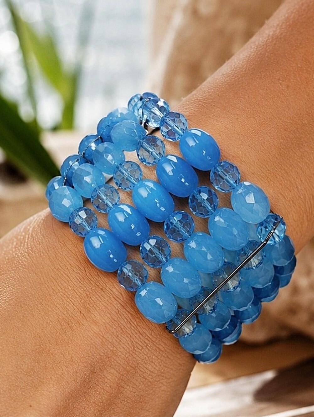 Cornflower Sky Blue Faceted Glass Acrylic Beads Stretch 5 Strand Bracelet Blues